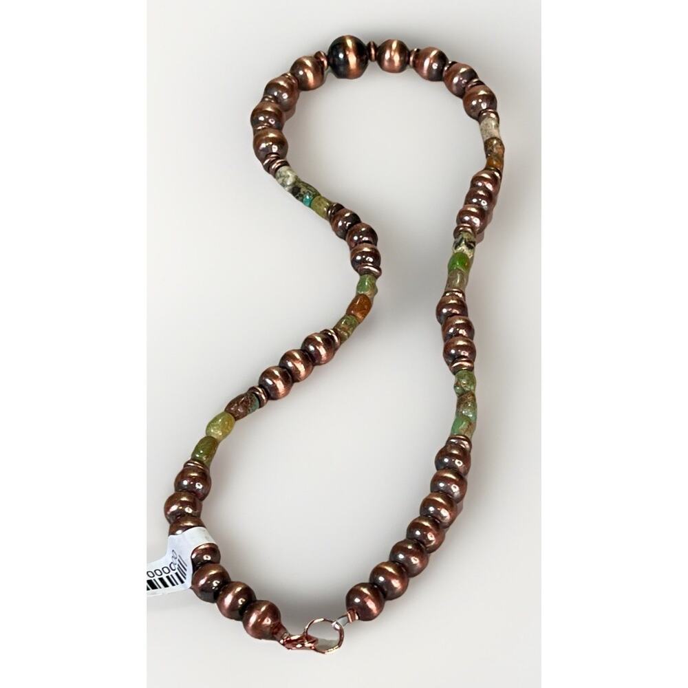 Royston Turquoise Oxidized Copper Desert Pearl 16” Southwestern Beaded Necklace - Picture 6 of 13